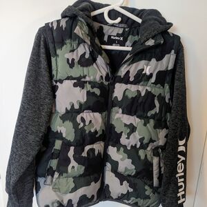 Hurley Kids Black and Green Camouflage Puffy Hoodie Jacket